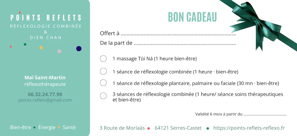 Bon cadeau Points Reflets : offert à, de la part de, quatre formules de séances au choix, validité de 6 mois